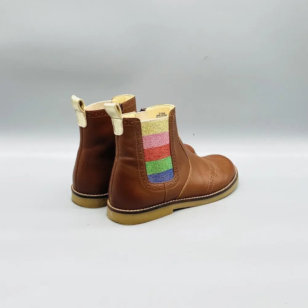 Mini Boden Boots Girls 1.5 Brown Leather Chelsea Ankle Glitter Stripe Zip Brogue
